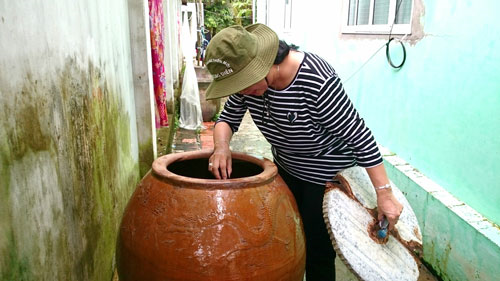 BS.CKII Bùi Thị Lệ Phi, Giám đốc Sở Y tế đang kiểm tra lăng quăng tại một hộ gia đình khu vực Tân Lợi 1, phường Tân Hưng, quận Thốt Nốt.