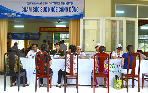 Quang cảnh tại điểm khám bệnh, cấp thuốc “Tết Quân dân” năm 2019 tại phường Thường Thạnh, quận Cái Răng.